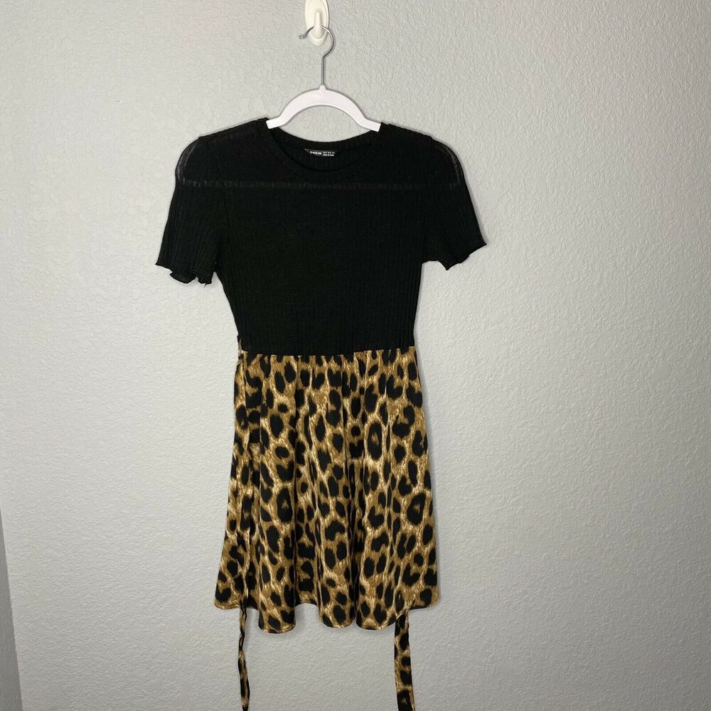 Shein Black and Cheetah Print Swing Dress Size Small
